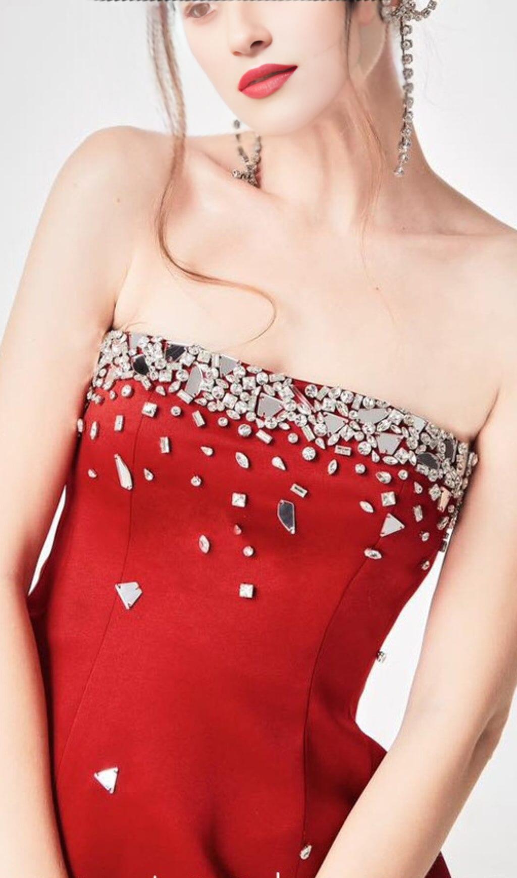 RED CRYSTAL-EMBELLISHED STRAPLESS MINI DRESS Avalabel