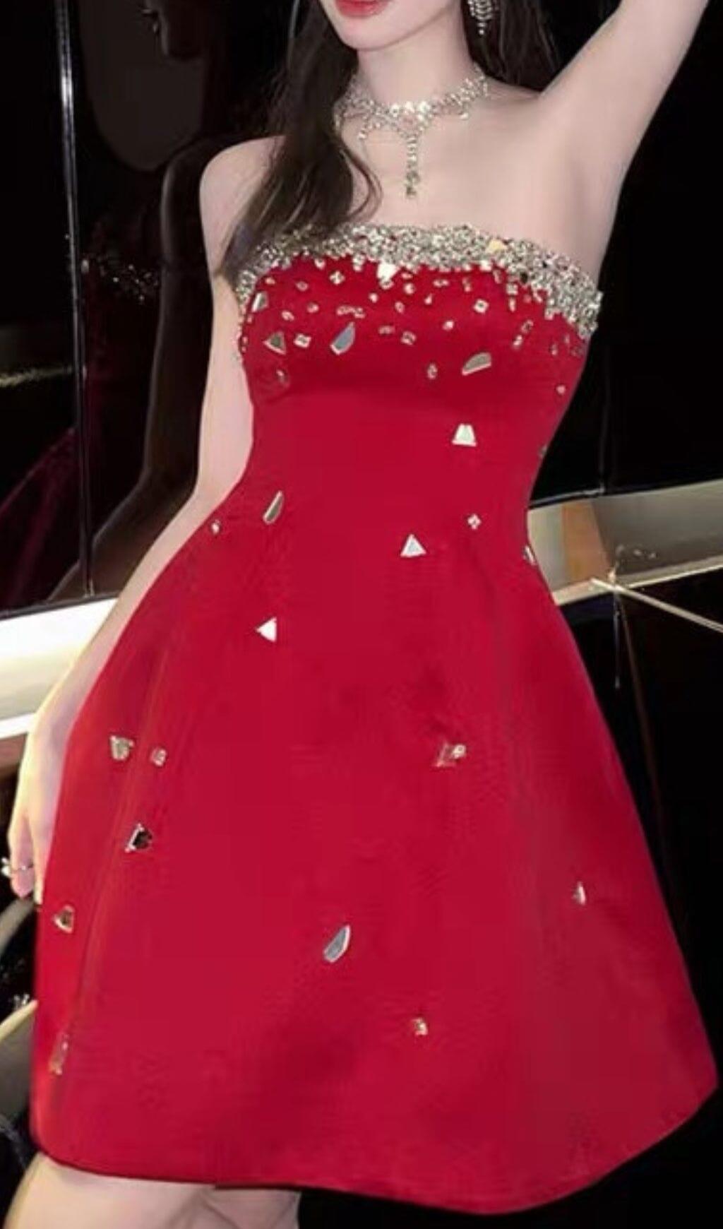 RED CRYSTAL-EMBELLISHED STRAPLESS MINI DRESS Avalabel