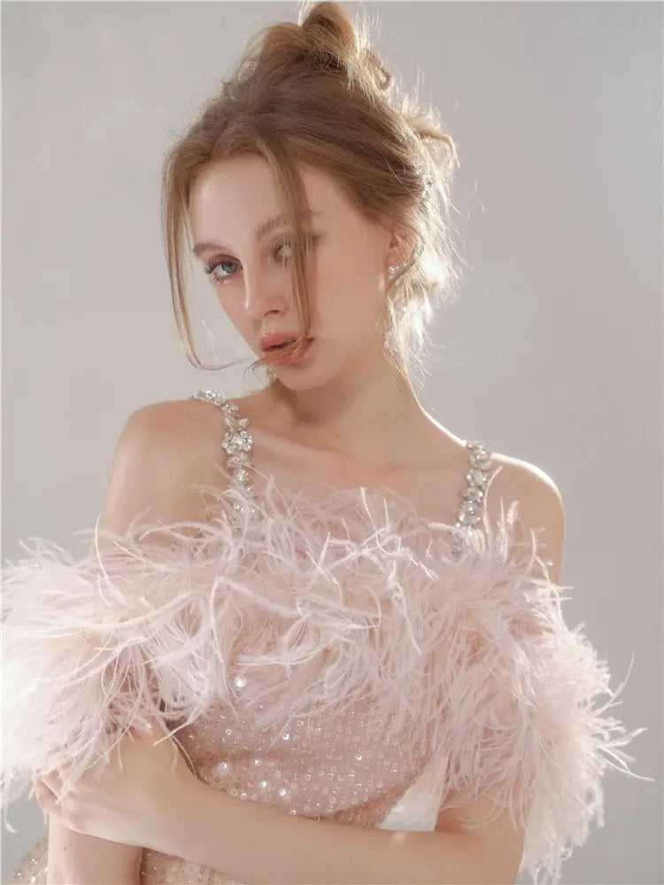 priscilla sequin feather crystal-strap mini dress in pink Avalabel