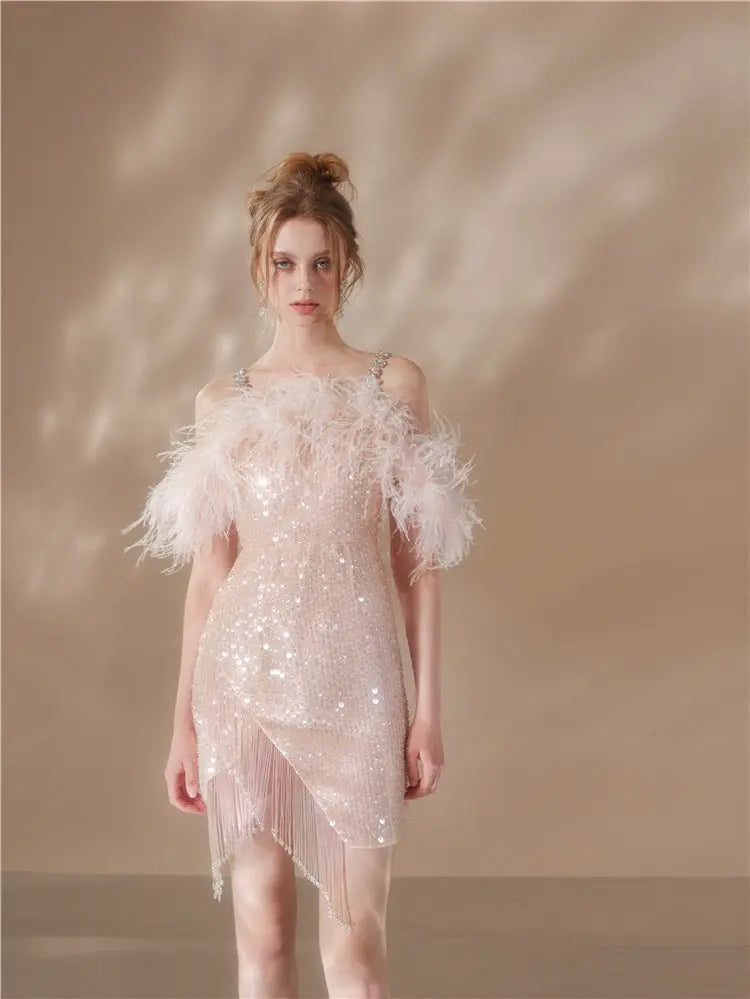 priscilla sequin feather crystal-strap mini dress in pink Avalabel