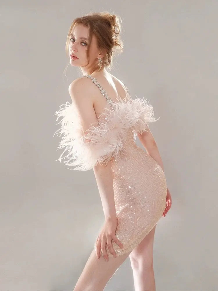 priscilla sequin feather crystal-strap mini dress in pink Avalabel