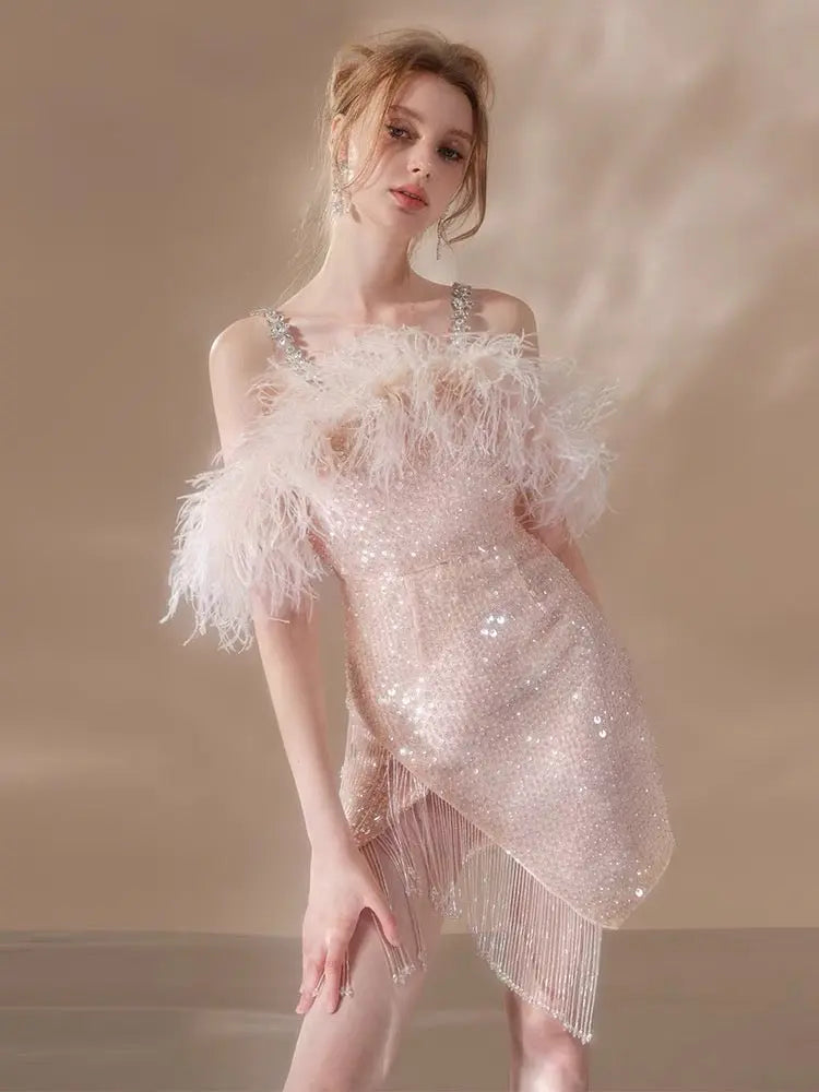 priscilla sequin feather crystal-strap mini dress in pink Avalabel