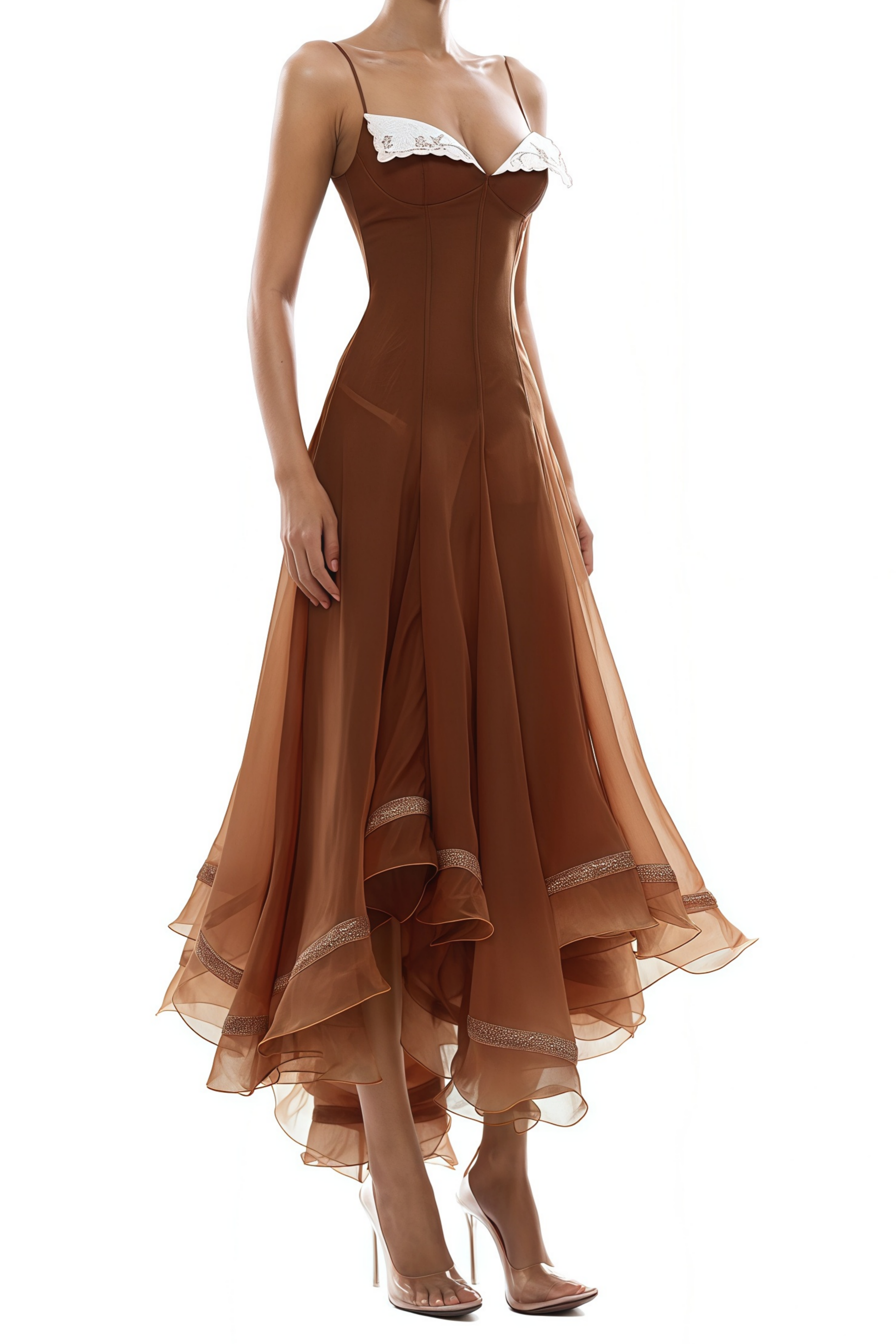 Xaviera Rust Asymmetrical Midi Dress in Brown Avalabel