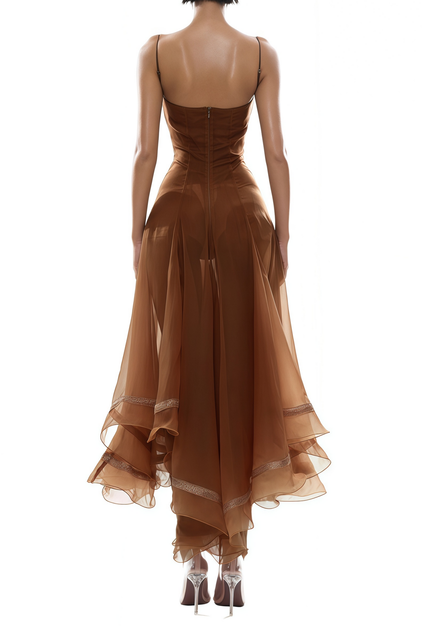 Xaviera Rust Asymmetrical Midi Dress in Brown