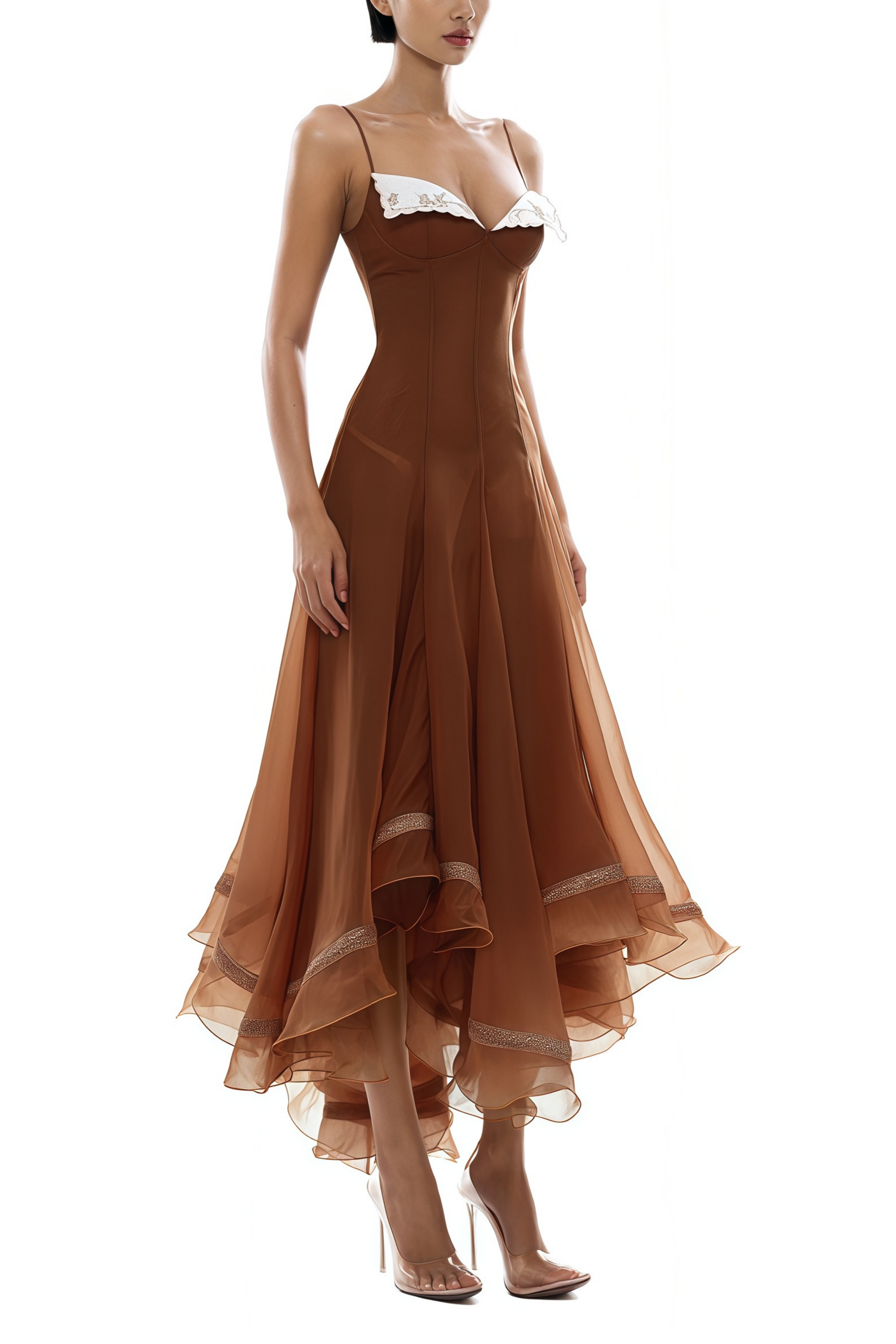 Xaviera Rust Asymmetrical Midi Dress in Brown Avalabel