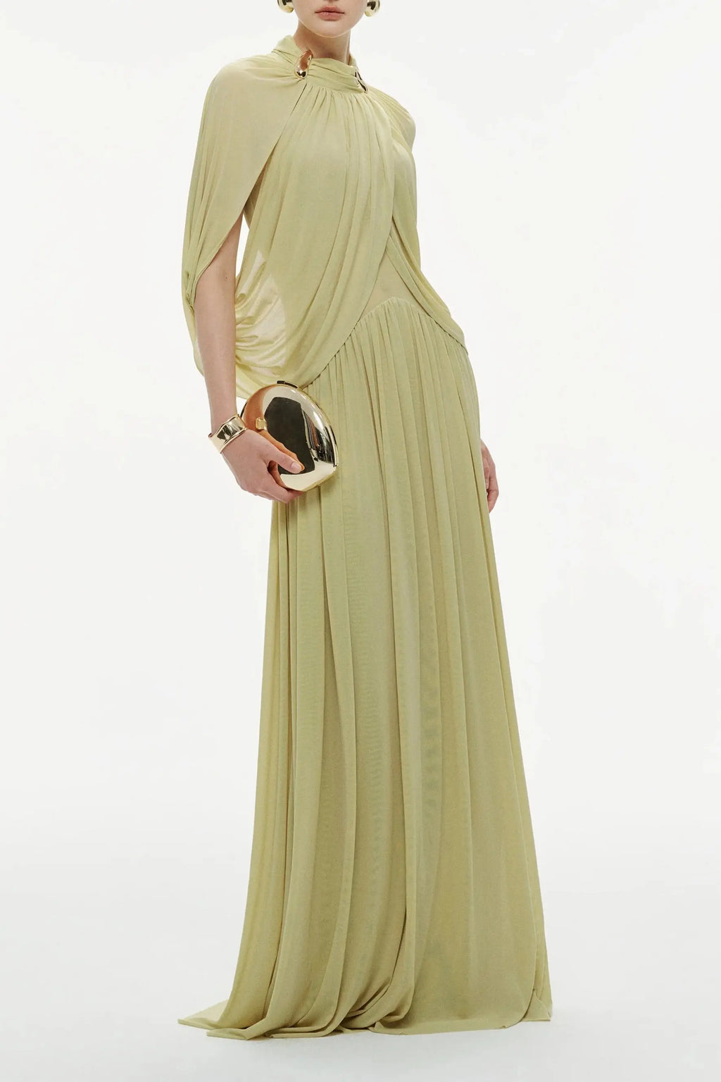 leona Green Draped Cape Sleeve Knit Maxi Dress Avalabel
