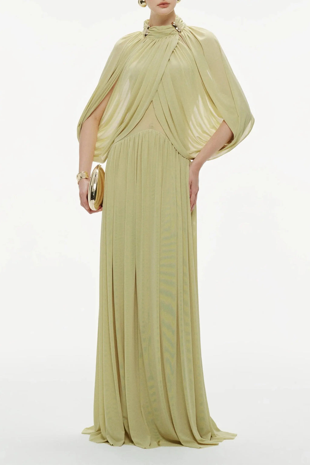 leona Green Draped Cape Sleeve Knit Maxi Dress Avalabel