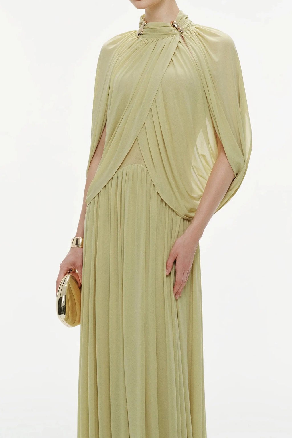 leona Green Draped Cape Sleeve Knit Maxi Dress Avalabel