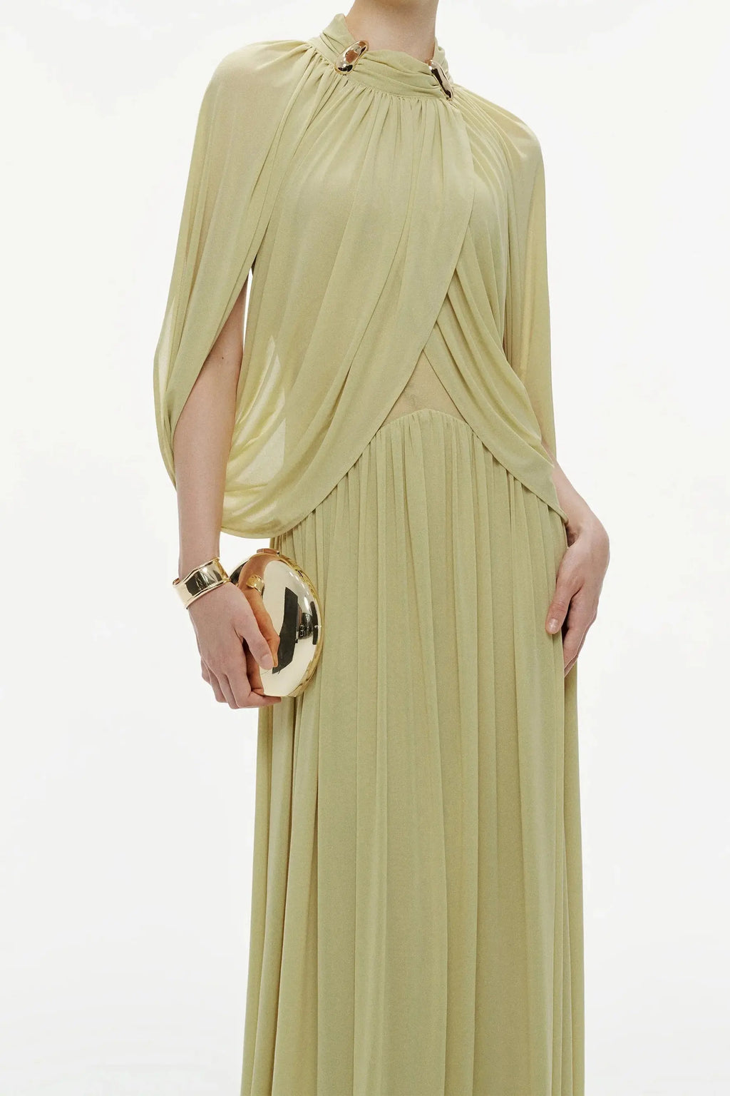 leona Green Draped Cape Sleeve Knit Maxi Dress Avalabel