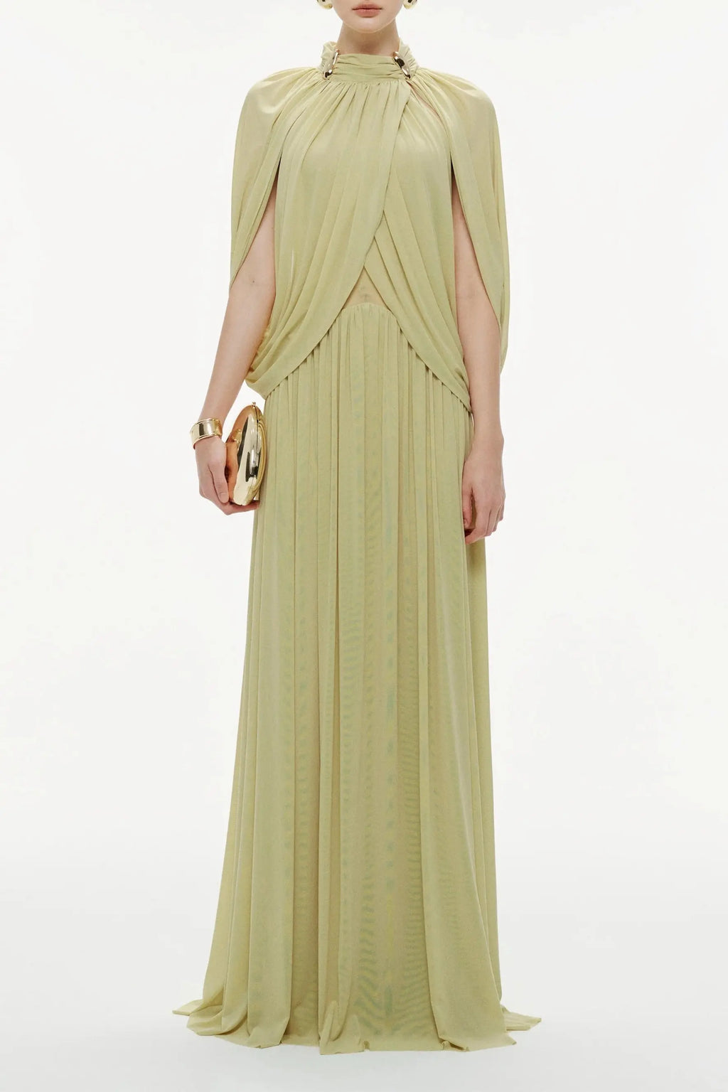leona Green Draped Cape Sleeve Knit Maxi Dress Avalabel