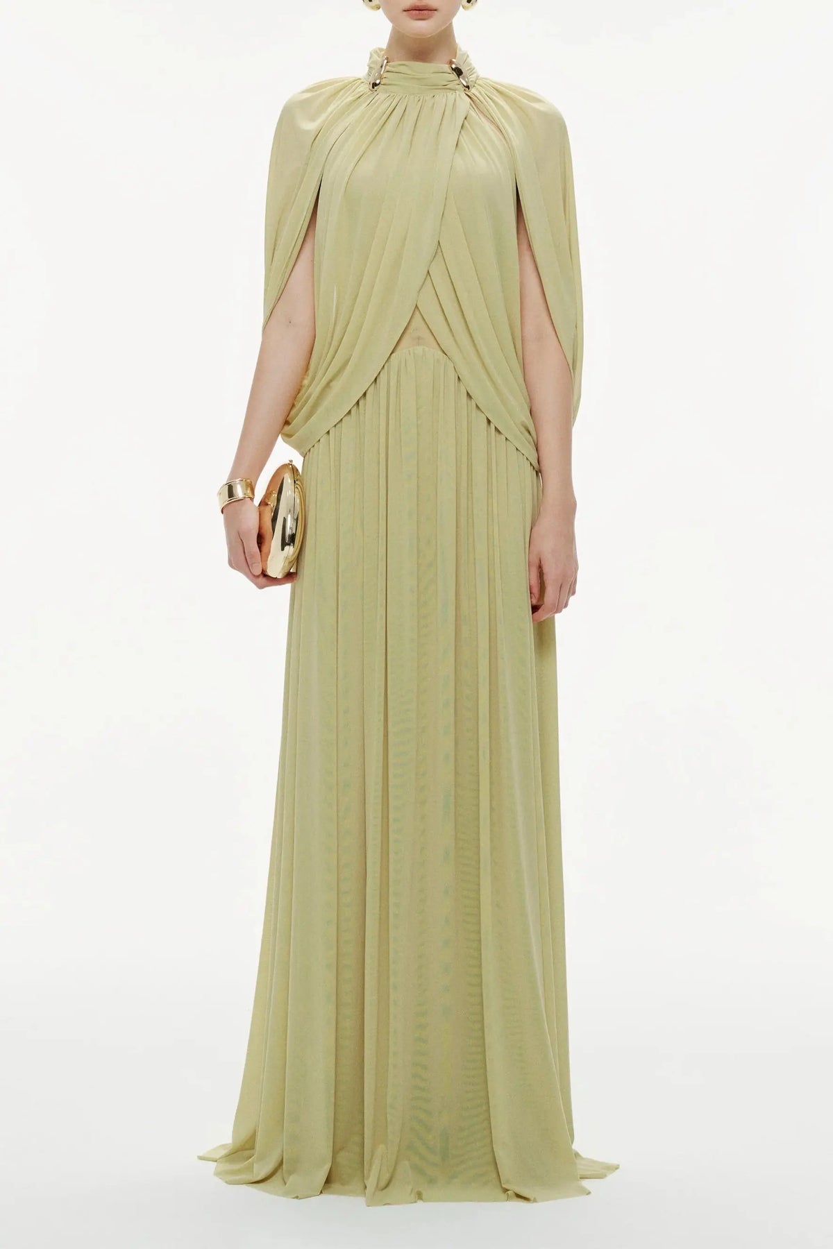 leona Green Draped Cape Sleeve Knit Maxi Dress Avalabel