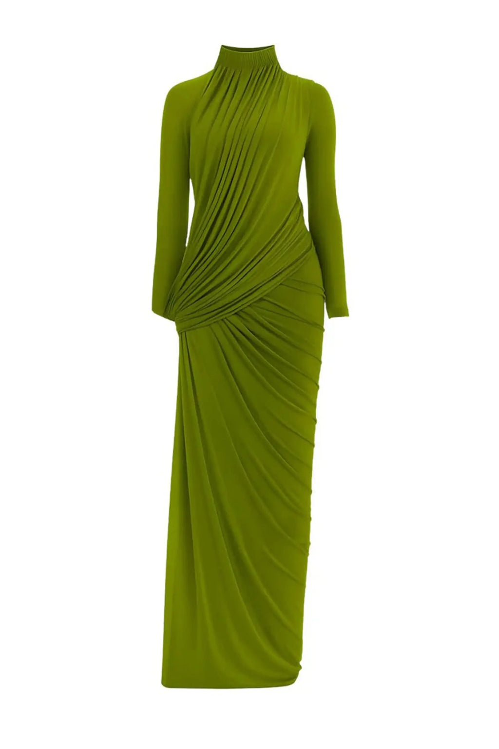 liz High Neck Asymmetric Drape ruched Maxi Dress in green Avalabel