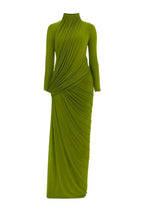 liz High Neck Asymmetric Drape ruched Maxi Dress in green Avalabel