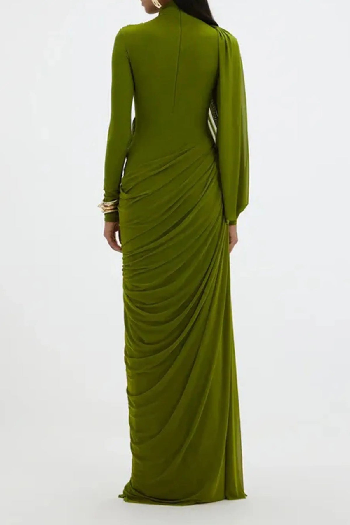liz High Neck Asymmetric Drape ruched Maxi Dress in green Avalabel