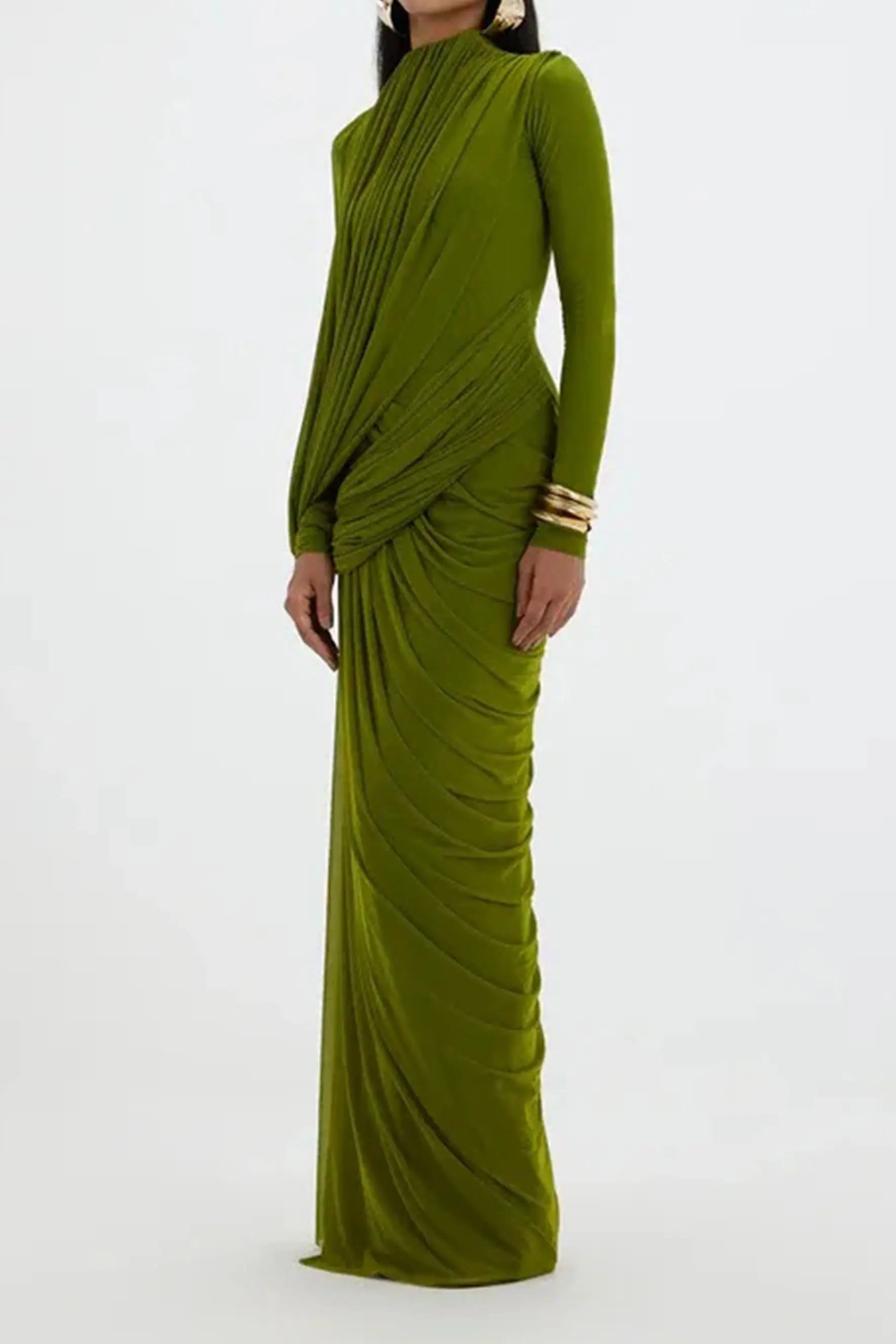 liz High Neck Asymmetric Drape ruched Maxi Dress in green Avalabel