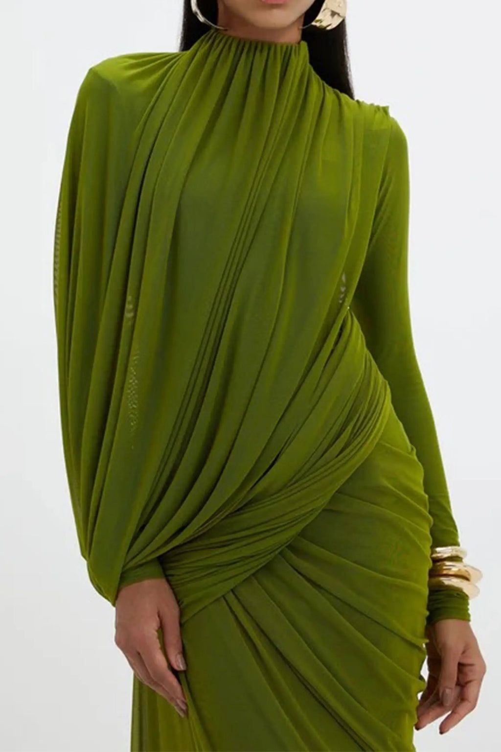 liz High Neck Asymmetric Drape ruched Maxi Dress in green Avalabel