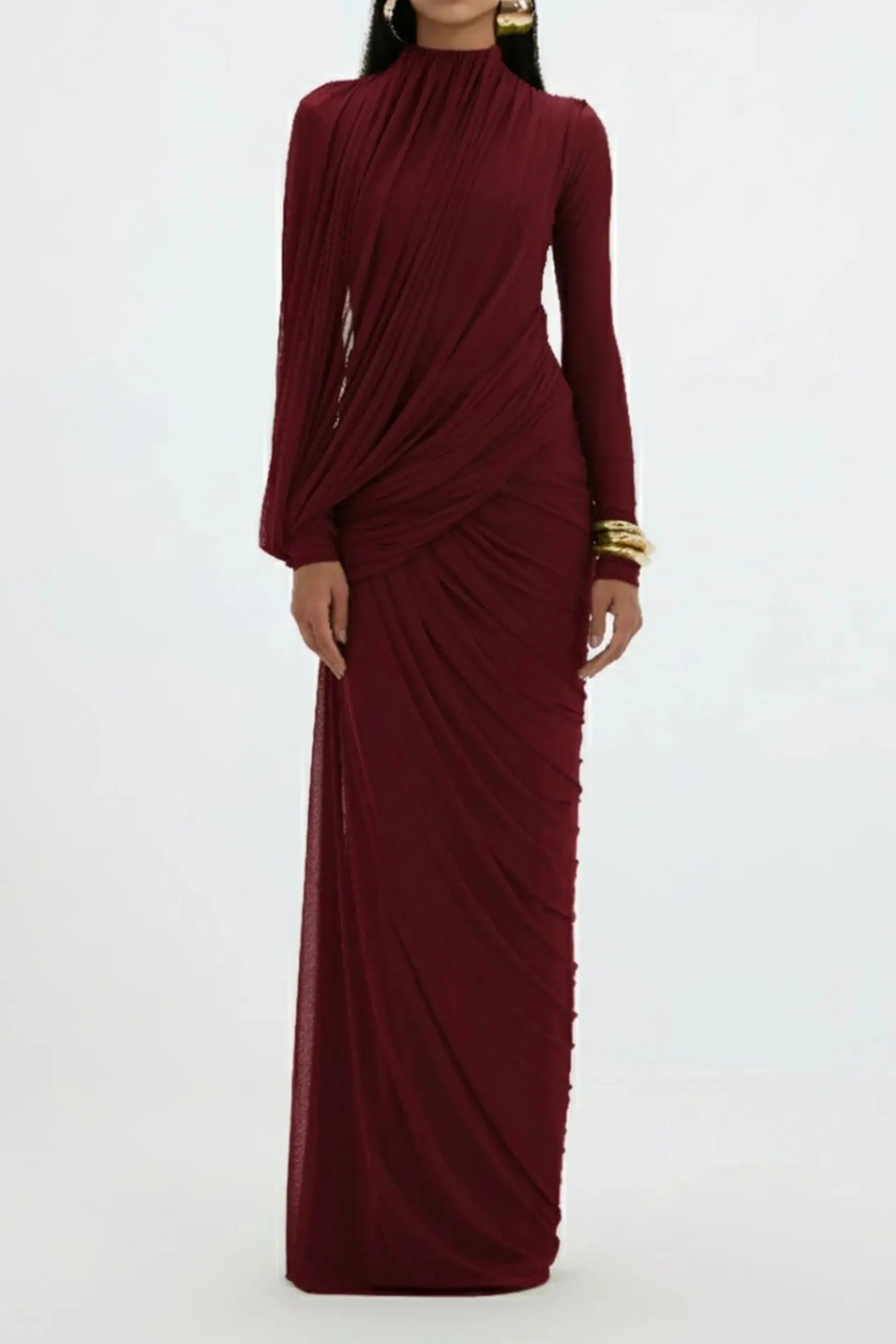 liz High Neck Asymmetric Drape ruched Maxi Dress in burgundy Avalabel