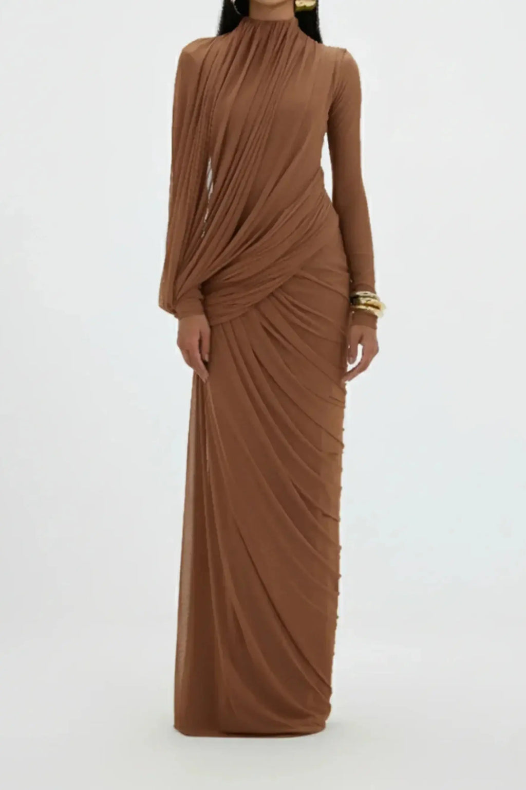liz High Neck Asymmetric Drape ruched Maxi Dress in brown Avalabel