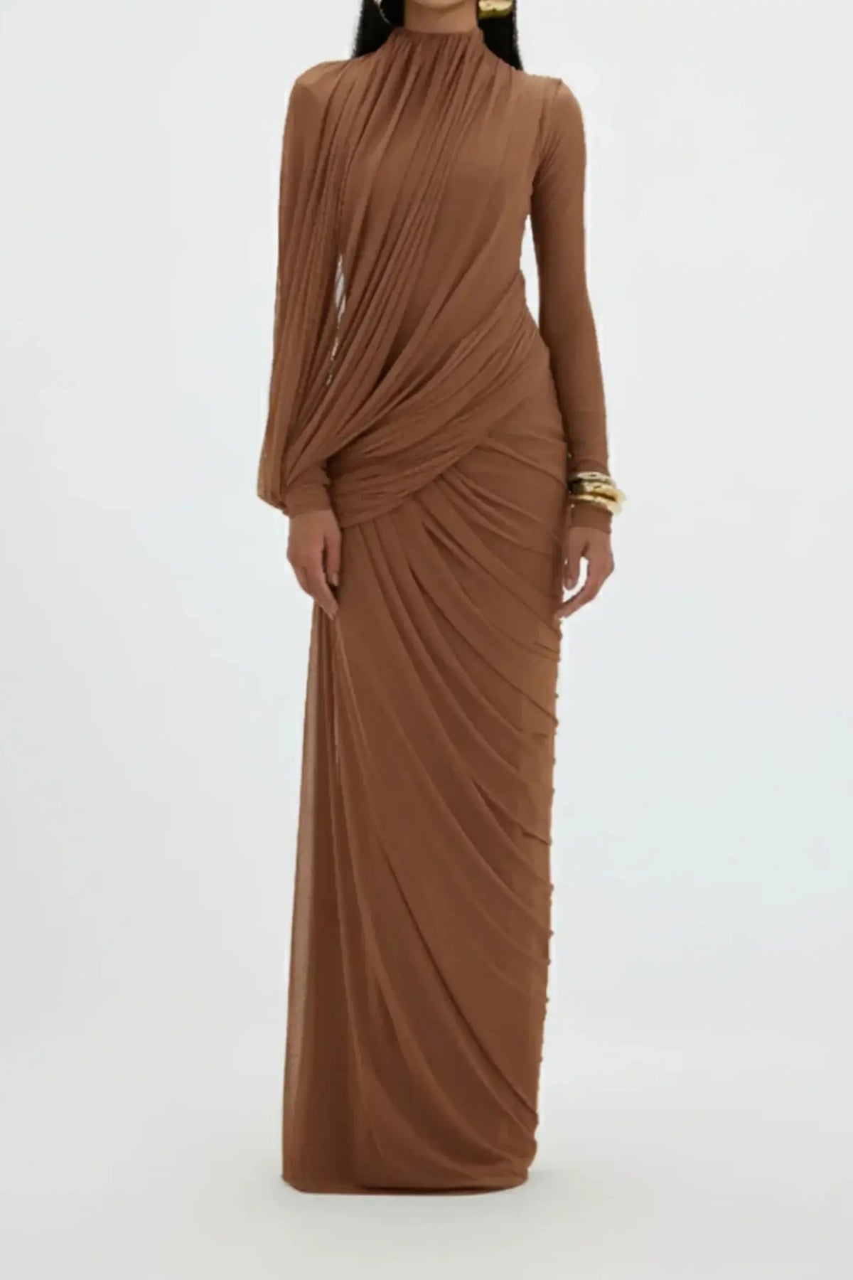 liz High Neck Asymmetric Drape ruched Maxi Dress in brown Avalabel