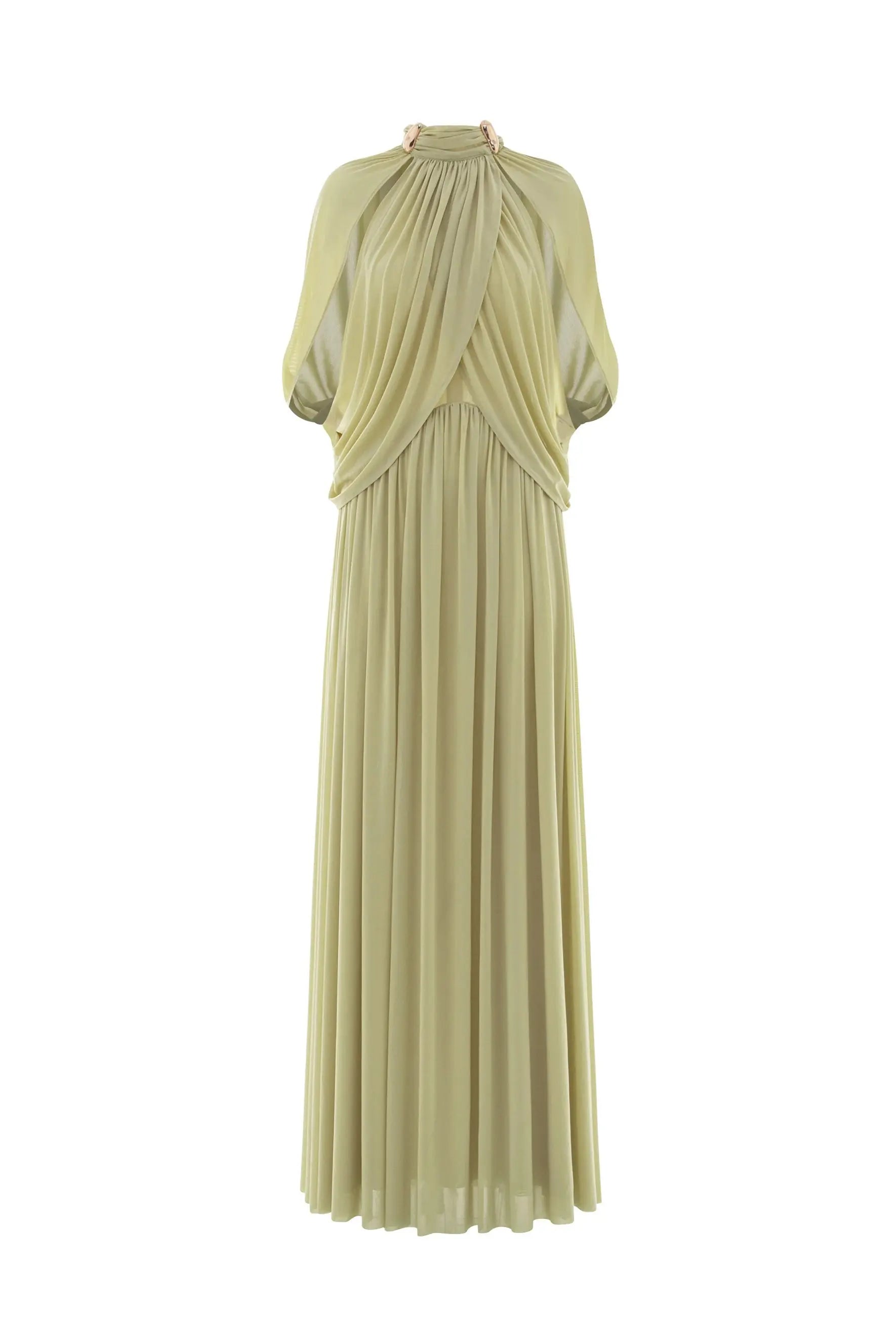 leona Green Draped Cape Sleeve Knit Maxi Dress Avalabel