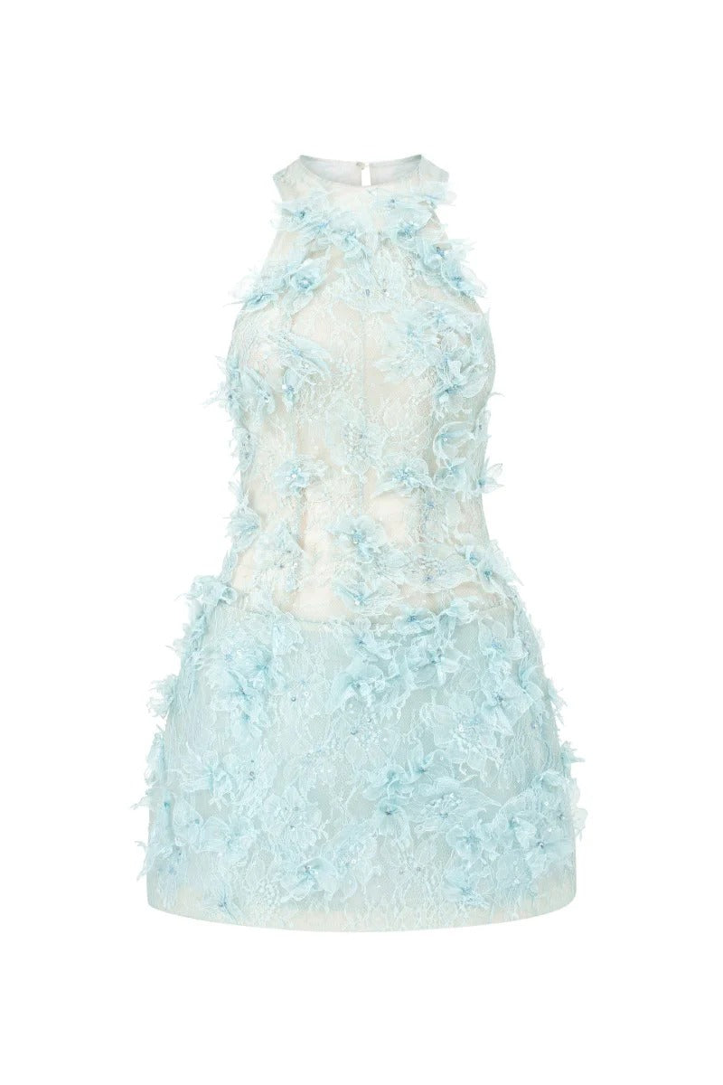 Floral Lace Mini Dress In blue Avalabel
