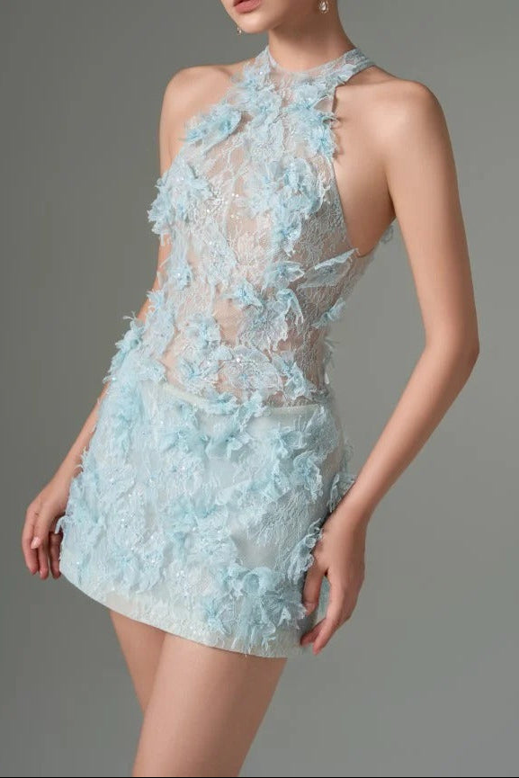 Floral Lace Mini Dress In blue Avalabel
