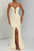 Slit Pleated Bodycon Maxi Dress in Kahki Avalabel