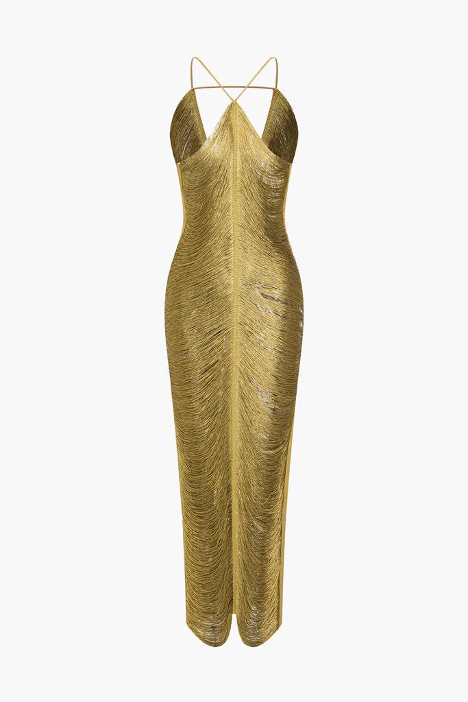 tassel rear slit halterneck dress Avalabel