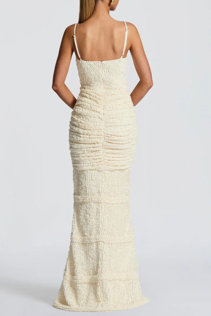 Slit Pleated Bodycon Maxi Dress in Kahki Avalabel