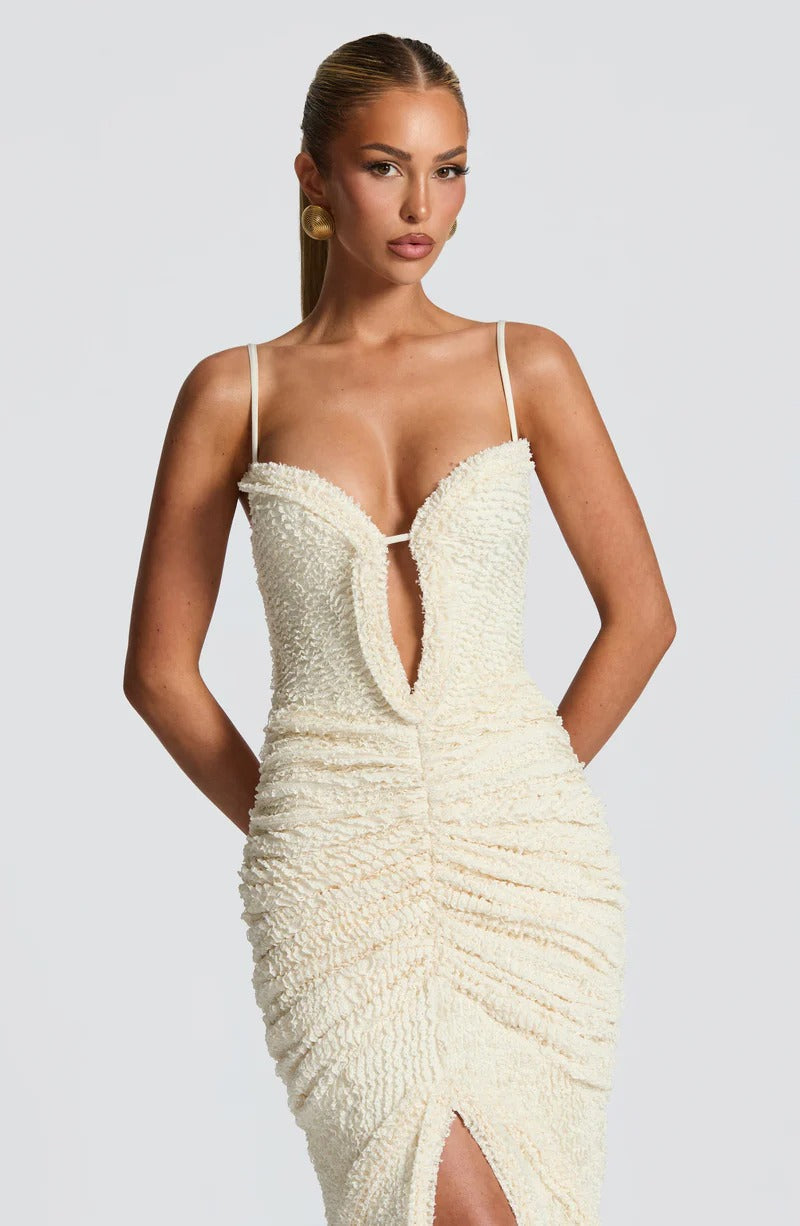 Slit Pleated Bodycon Maxi Dress in Kahki Avalabel