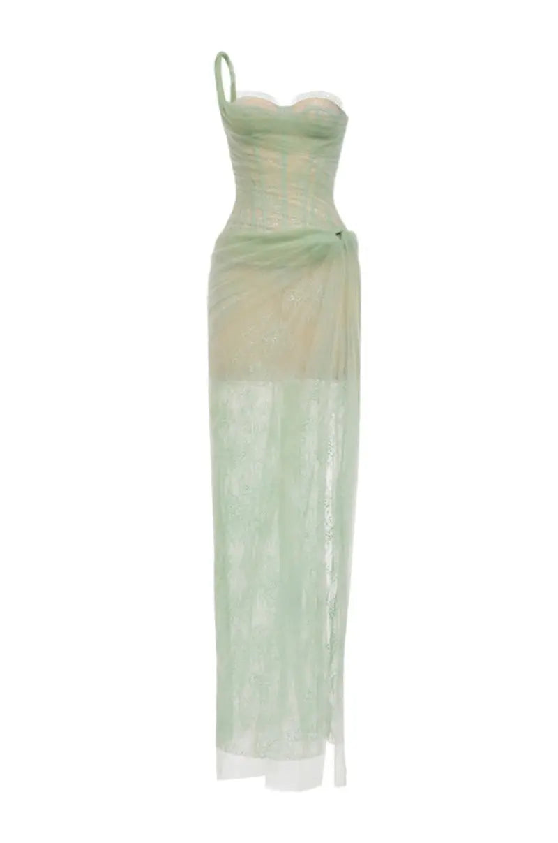 Mandy One-Shoulder Lace Tulle Maxi Dress in Mint Avalabel