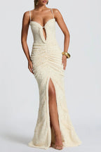 Slit Pleated Bodycon Maxi Dress in Kahki Avalabel