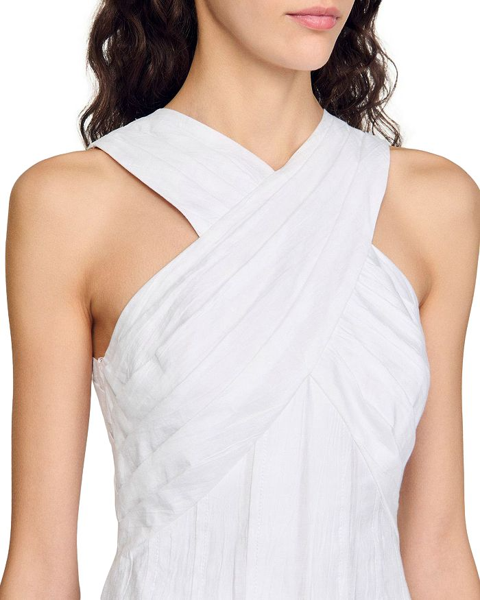 High Crossover V-Neck Pleated Maxi Dress in White Avalabel