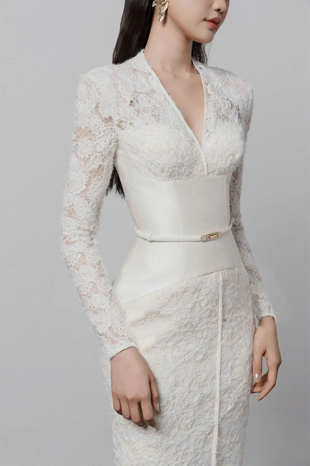 kimberley white v-neck lace patchwork midi dress Avalabel