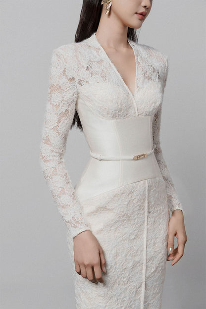 kimberley white v-neck lace patchwork midi dress