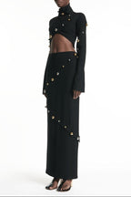 Button-embellished cotton-jersey top maxi skirt suit in black Avalabel