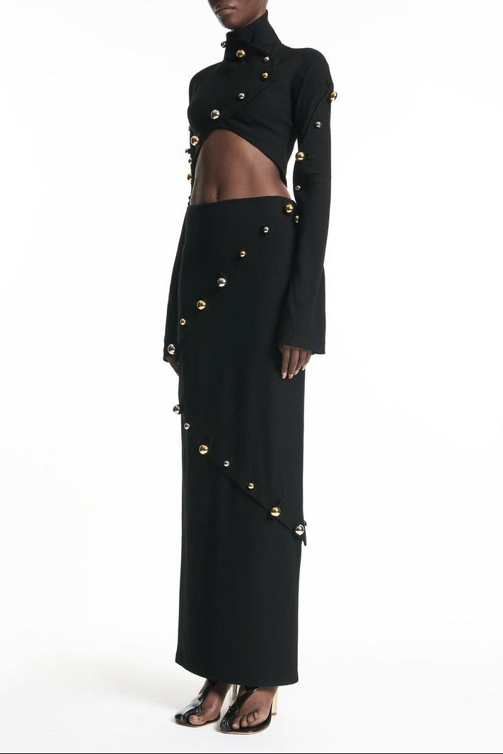 Button-embellished cotton-jersey top maxi skirt suit in black Avalabel