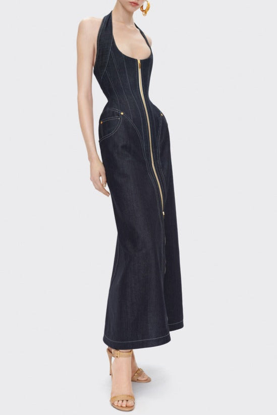 Haltered Corseted Midi Dress Denim in Navy Blue Avalabel