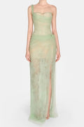 Mandy One-Shoulder Lace Tulle Maxi Dress in Mint Avalabel