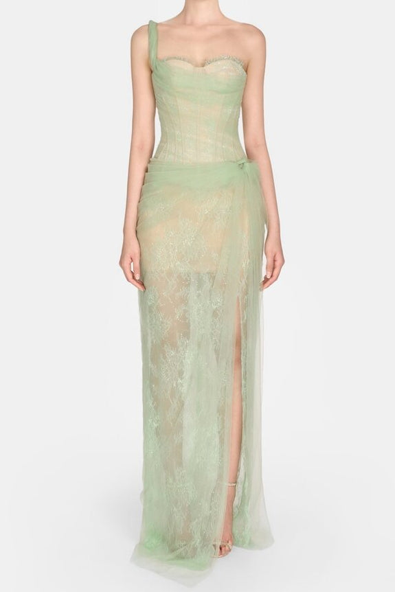 Mandy One-Shoulder Lace Tulle Maxi Dress in Mint