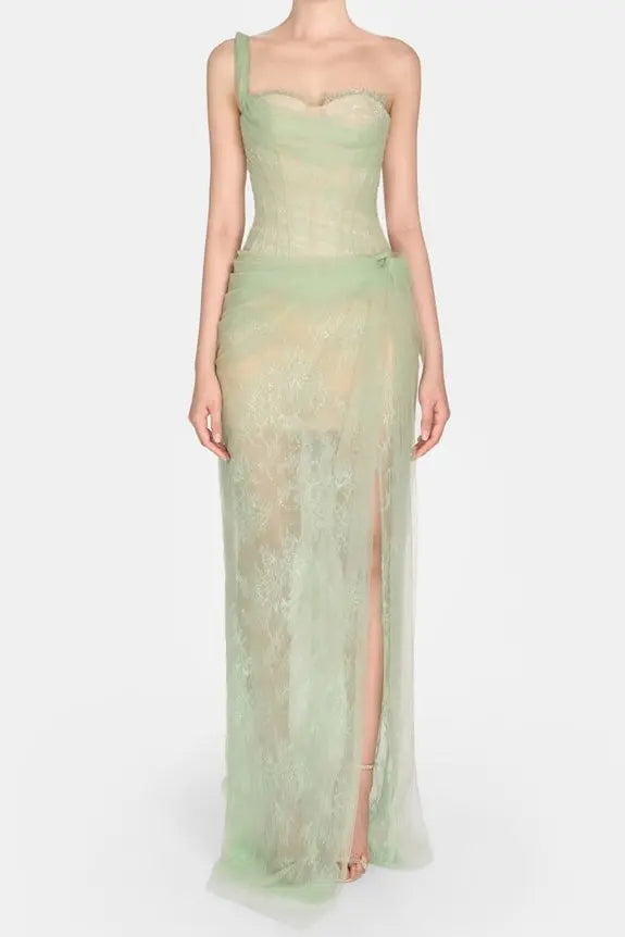 Mandy One-Shoulder Lace Tulle Maxi Dress in Mint Avalabel