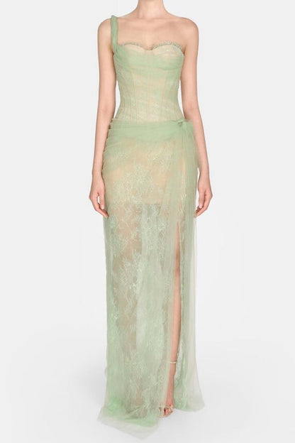 Mandy One-Shoulder Lace Tulle Maxi Dress in Mint