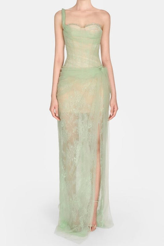 Mandy One-Shoulder Lace Tulle Maxi Dress in Mint