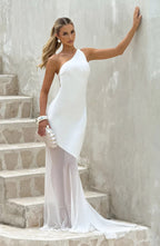 Lace-up Beveled Back Satin Maxi Dress in Ivory Avalabel