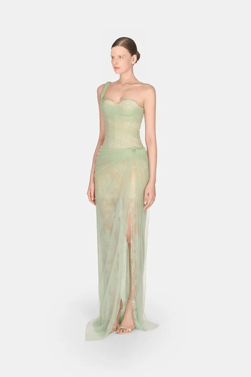 Mandy One-Shoulder Lace Tulle Maxi Dress in Mint Avalabel