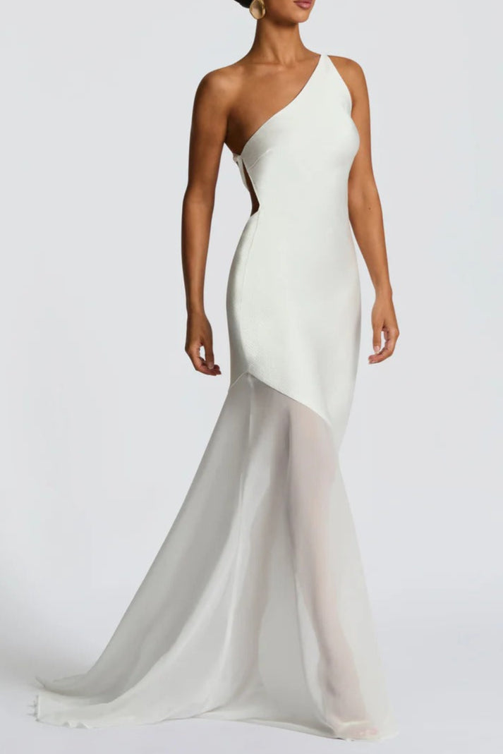 Lace-up Beveled Back Satin Maxi Dress in Ivory Avalabel