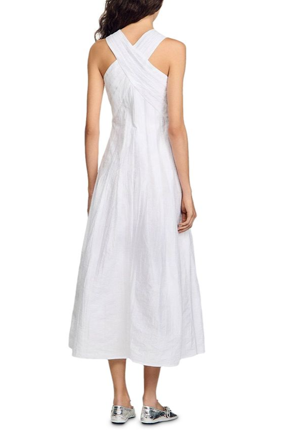 High Crossover V-Neck Pleated Maxi Dress in White Avalabel