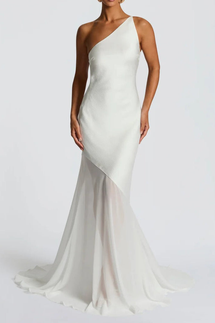 Lace-up Beveled Back Satin Maxi Dress in Ivory Avalabel
