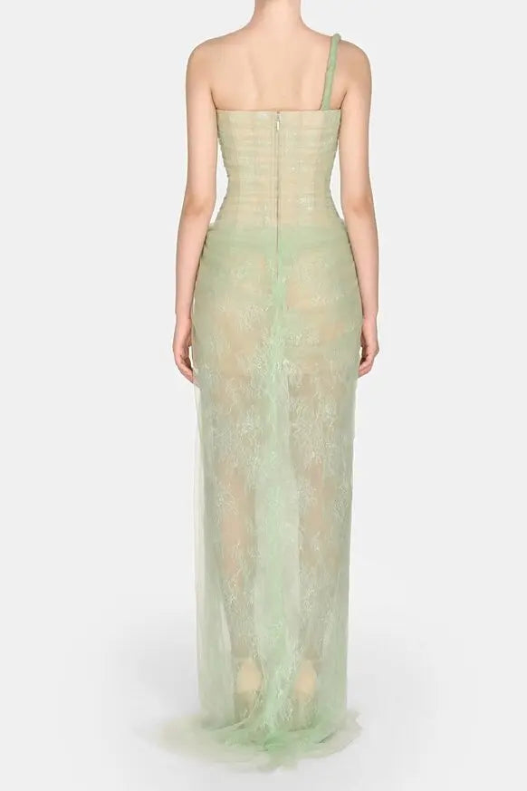 Mandy One-Shoulder Lace Tulle Maxi Dress in Mint Avalabel