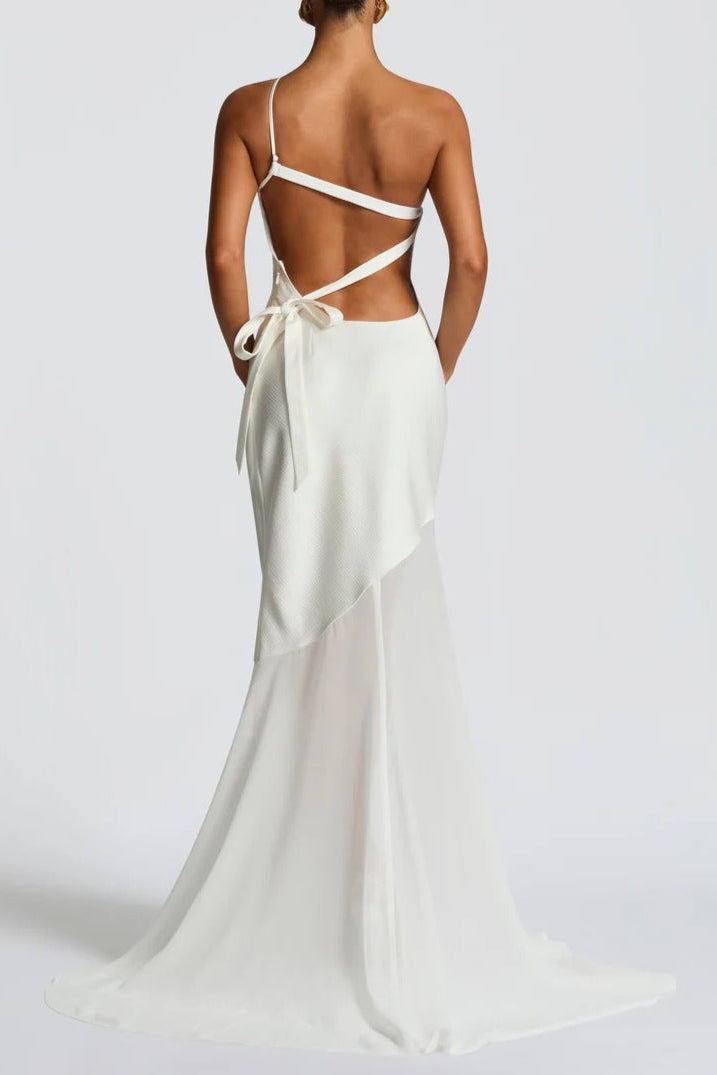 Lace-up Beveled Back Satin Maxi Dress in Ivory Avalabel